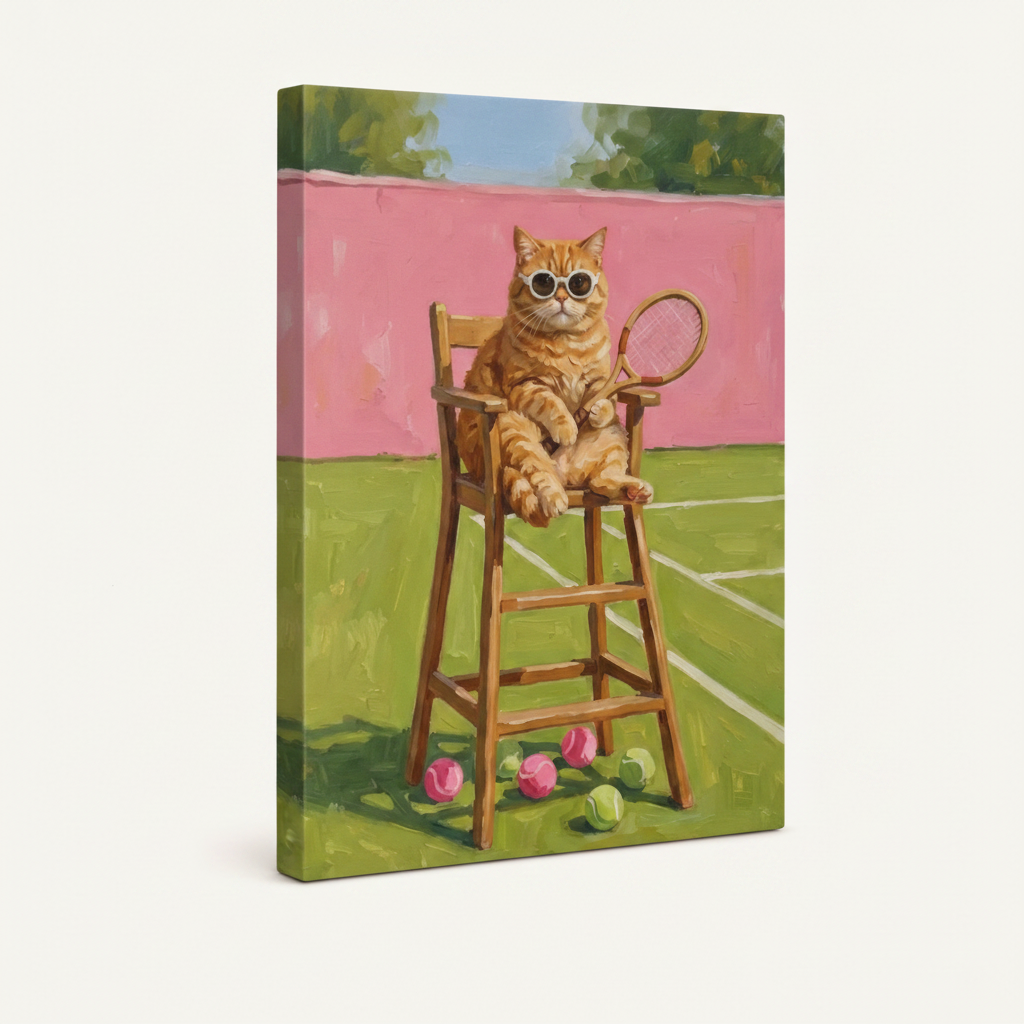 Gallery wrapped canvas of tennis cat on white background, side angle showing color wrap