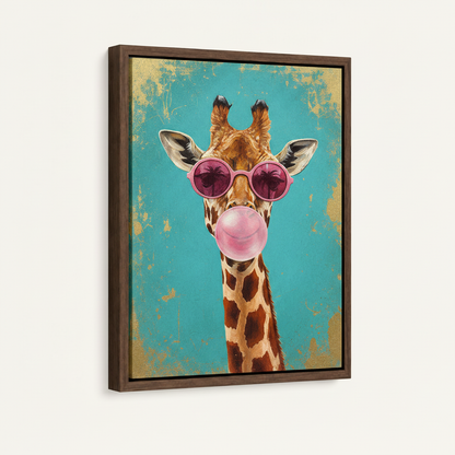Giraffe pop art canvas print in dark walnut float frame shown at left-facing angle on cream background