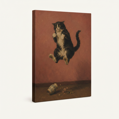 Gallery-wrapped funny jumping cat canvas shown at angle on white background