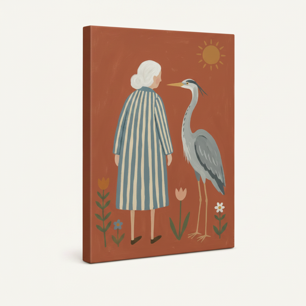 Gallery-wrapped heron folk art canvas at 3/4 angle showing terracotta artwork on cream background