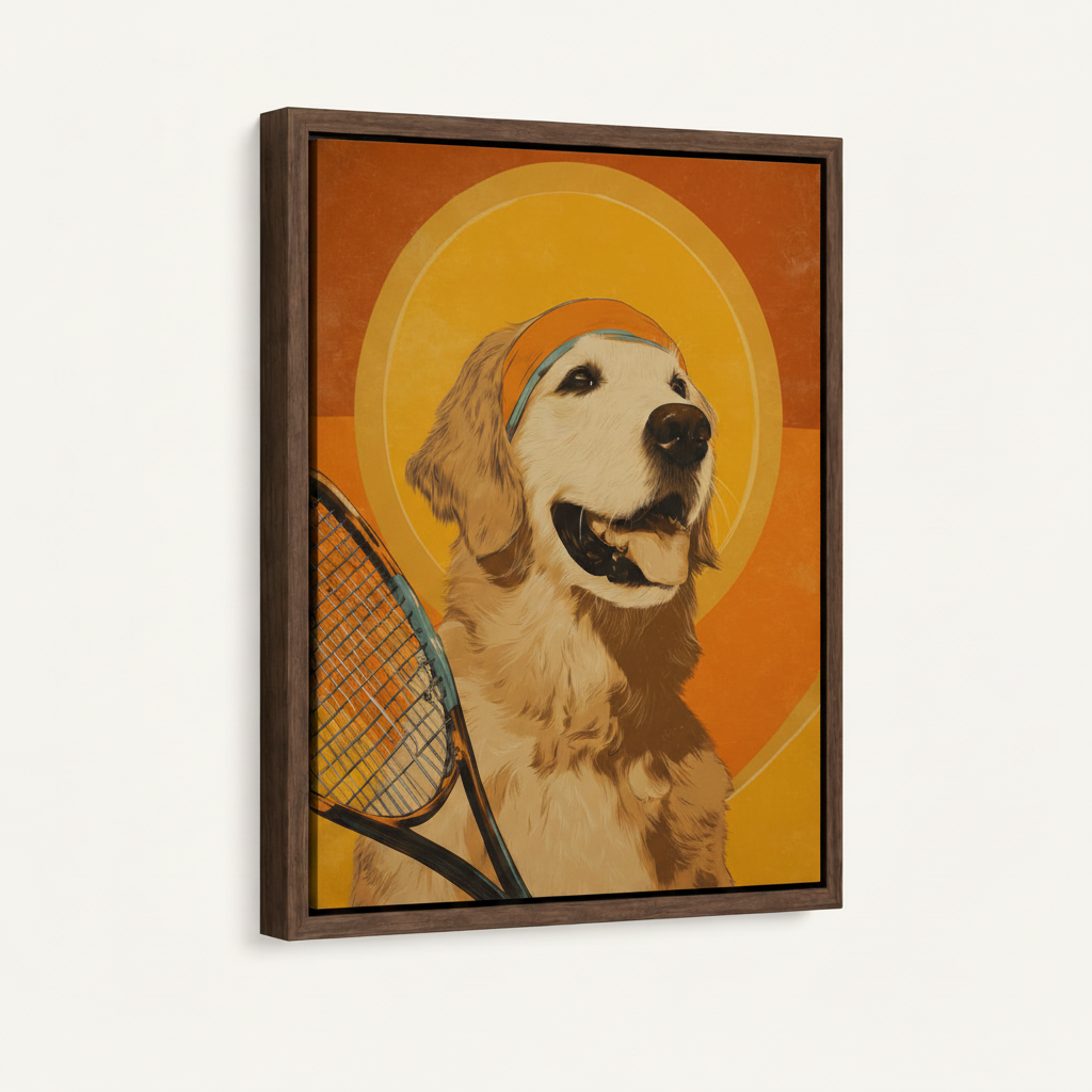 Framed canvas wall art featuring golden retriever with tennis racket in retro poster style, walnut frame