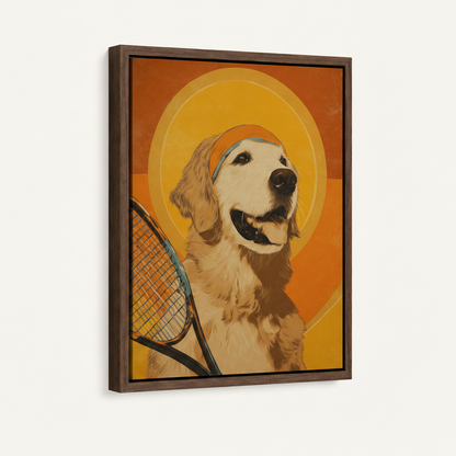 Framed canvas wall art featuring golden retriever with tennis racket in retro poster style, walnut frame