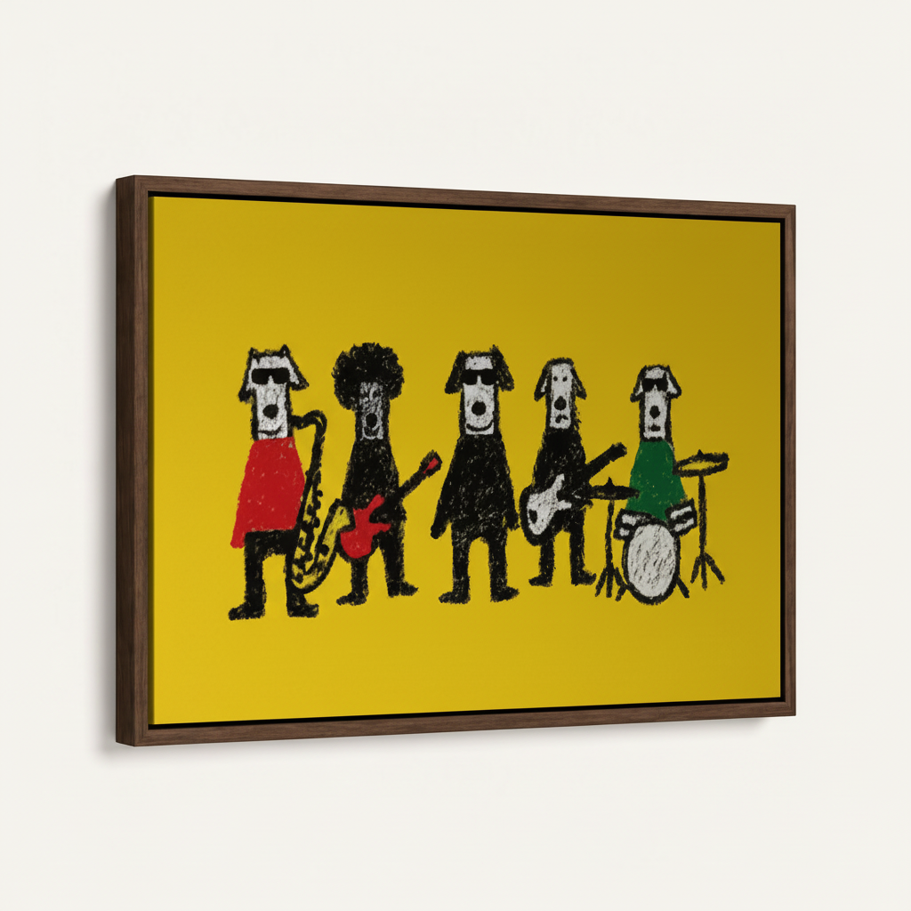 Rock band dogs pop art in wide dark walnut float frame, product angle view on white background