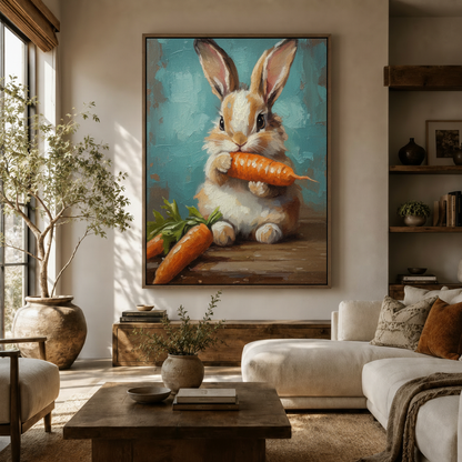 Charming bunny carrot impasto canvas wall art hanging in warm modern living room with olive tree and sofa