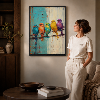 Black-framed five-bird canvas wall art above a sideboard, styled with a woman in white and a coffee table.
