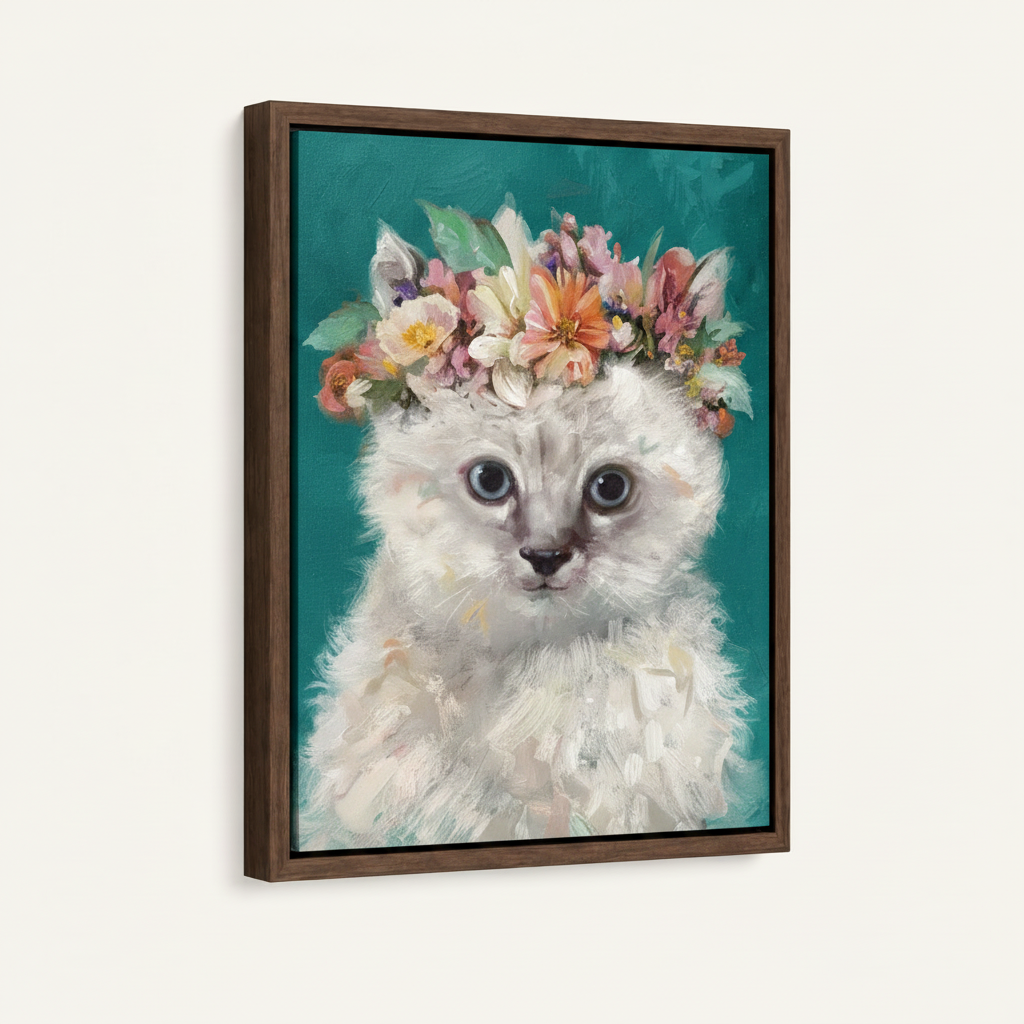 Adorable white kitten flower crown oil painting in dark walnut float frame shown at left-facing angle on off-white background