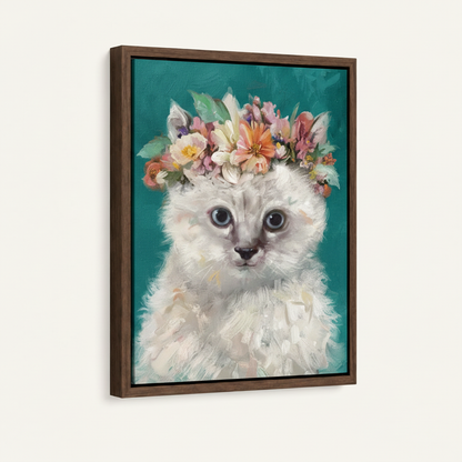 Adorable white kitten flower crown oil painting in dark walnut float frame shown at left-facing angle on off-white background