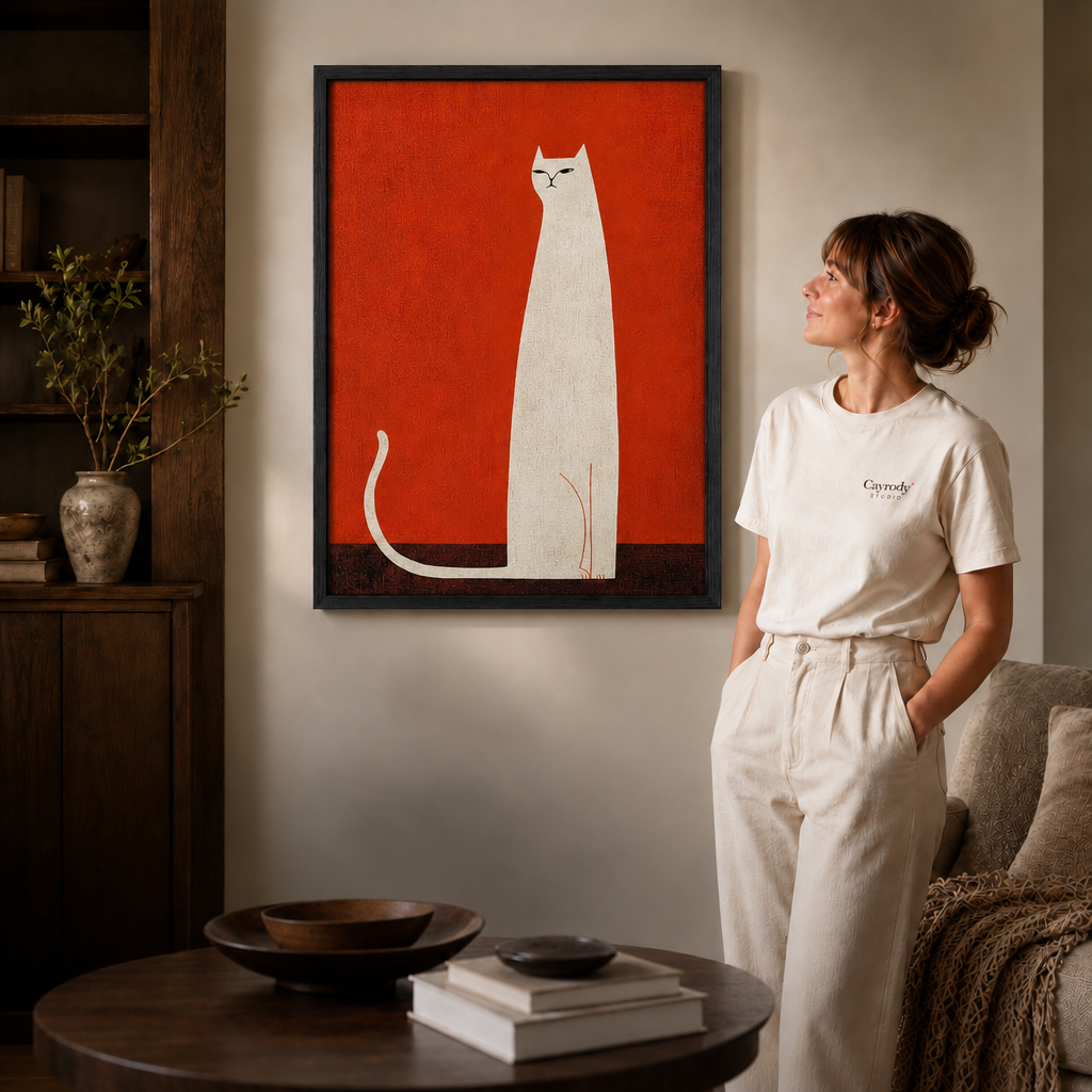 A black-framed white cat print adds red-orange color beside a bookcase, neutral sofa, and woman in white.
