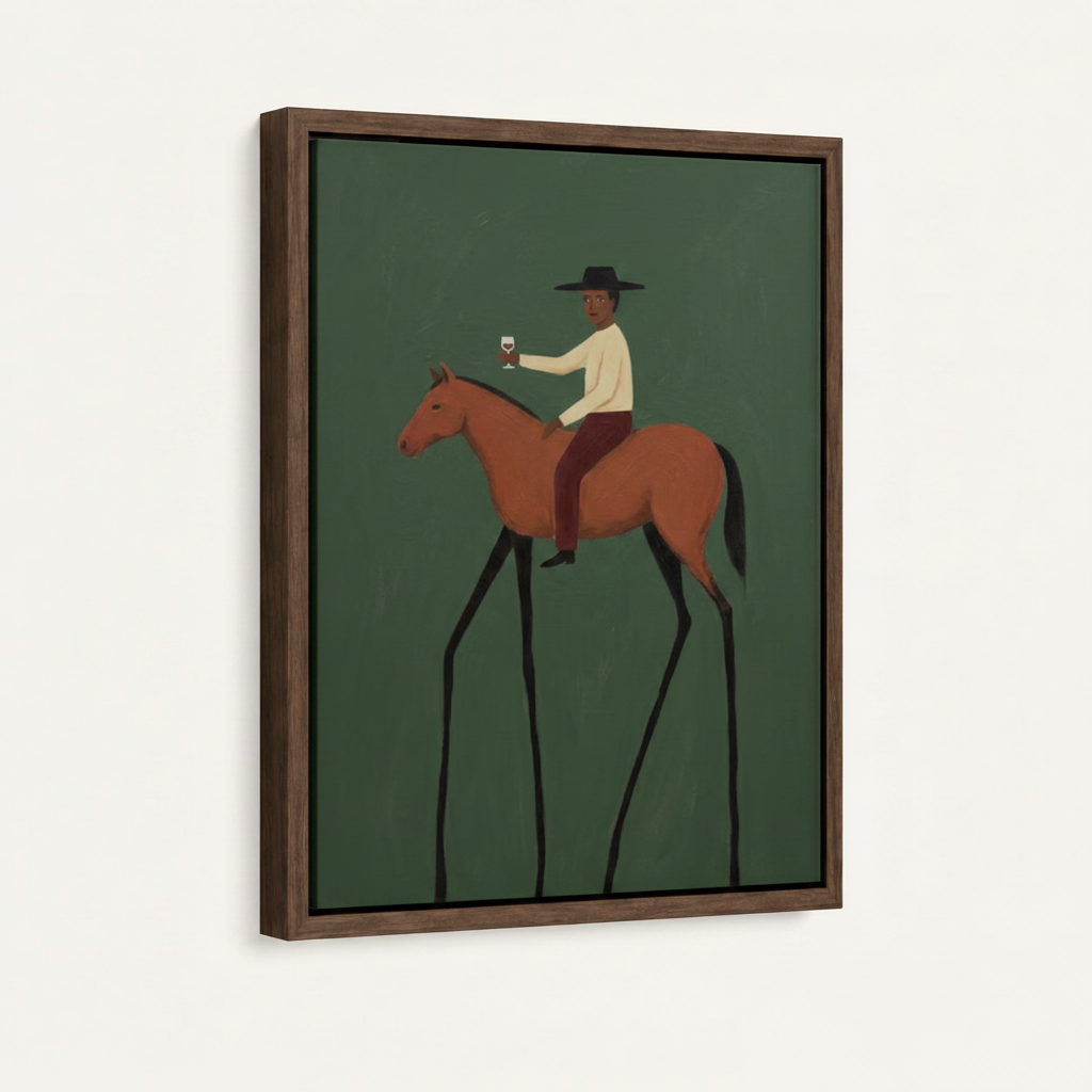 Dark walnut floating frame canvas print of folk art cowboy riding horse, 3/4 angle product shot