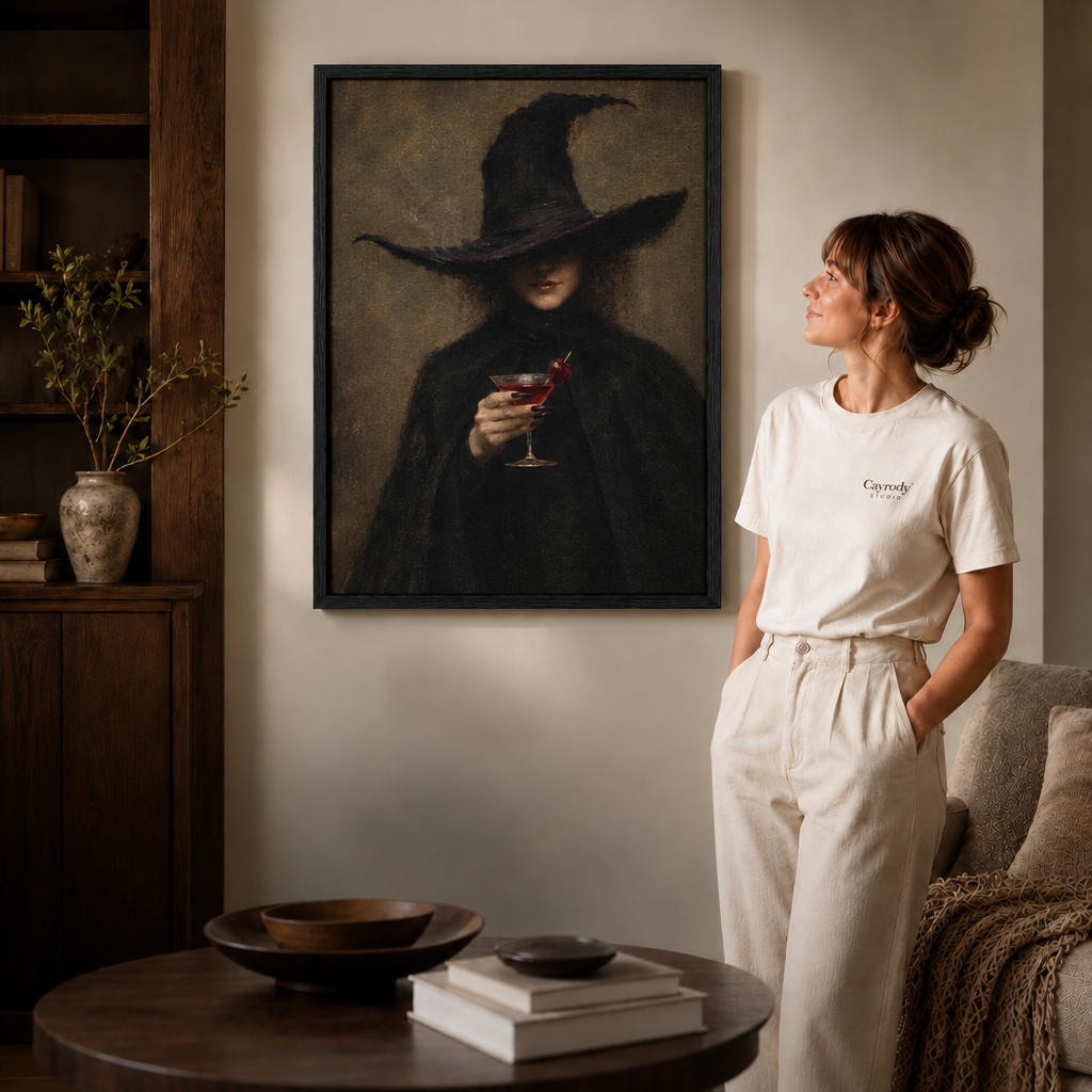 Black framed witch cocktail wall art displayed in a softly lit contemporary interior
