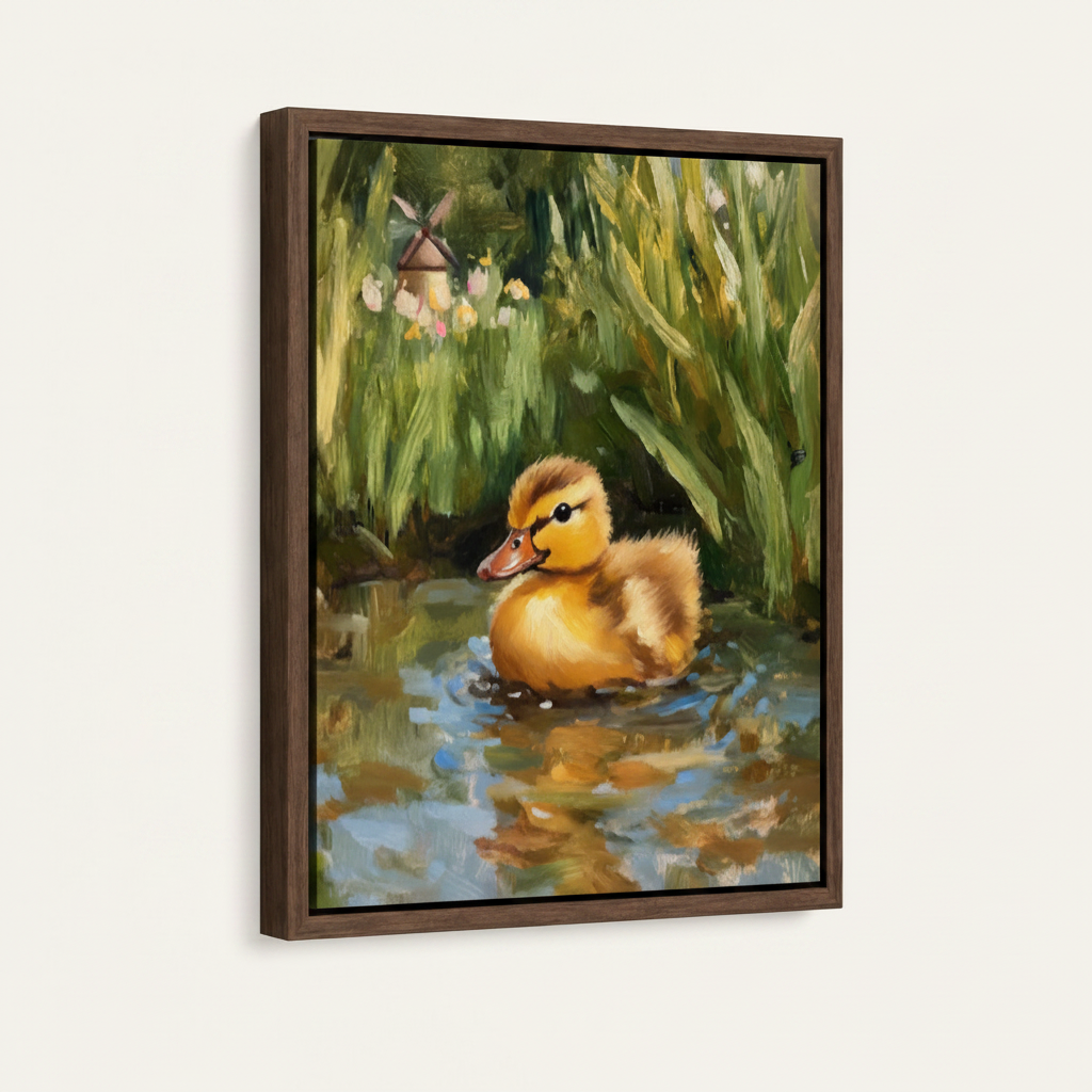 Golden duckling pond impressionist canvas in wide dark walnut float frame 3/4 angle product mockup on cream background