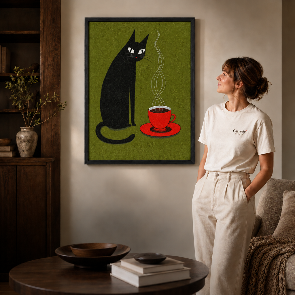 Black framed cat coffee wall art styled in a warm contemporary reading space