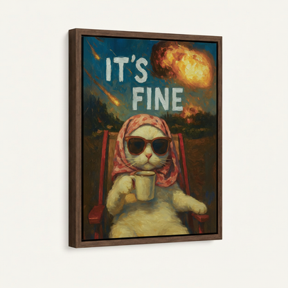 Unbothered cat It's Fine apocalypse meme canvas in wide dark walnut float frame 3/4 angle product mockup