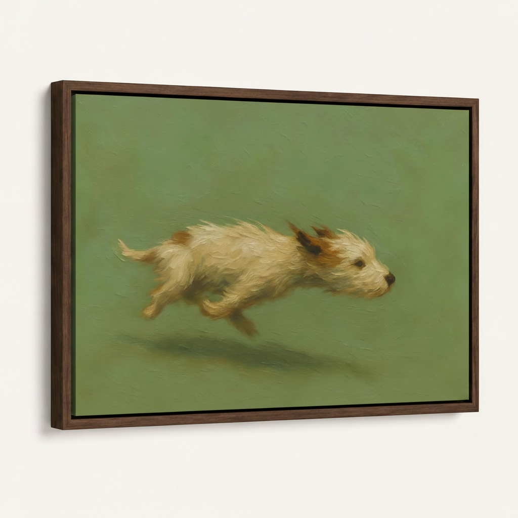 Framed canvas print of impressionist running terrier dog, dark walnut float frame side view