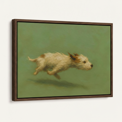 Framed canvas print of impressionist running terrier dog, dark walnut float frame side view