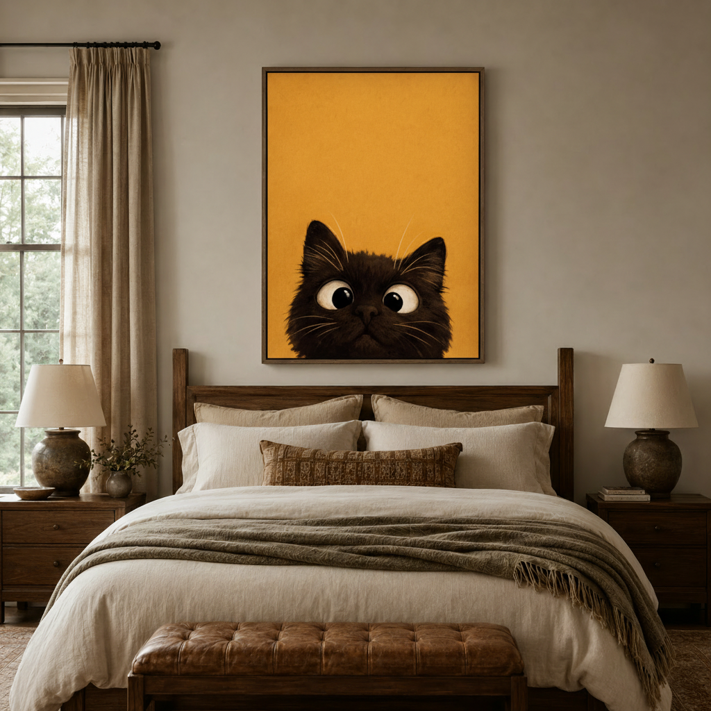 Peeking black cat framed canvas art above wooden bed frame in warm bedroom setting