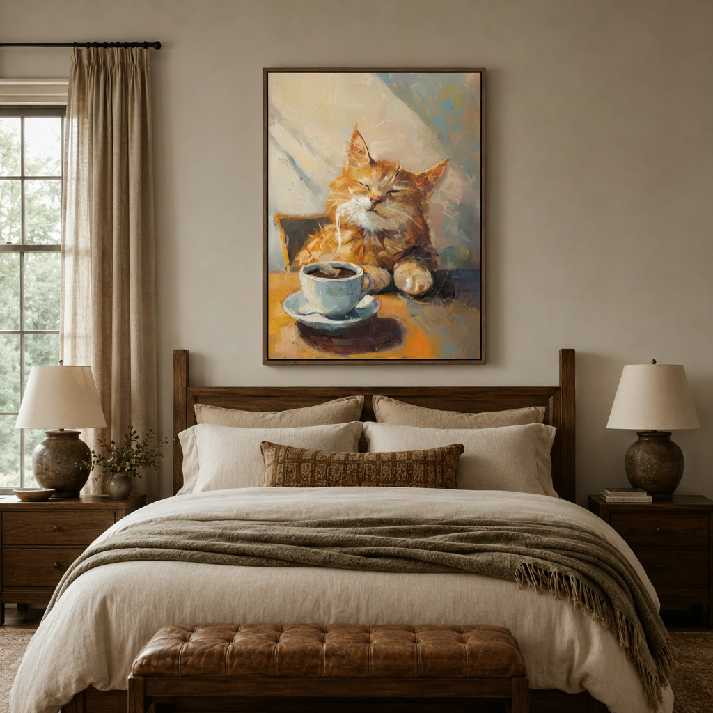 Impressionist orange cat canvas wall art framed above bed in warm neutral farmhouse bedroom with linen bedding