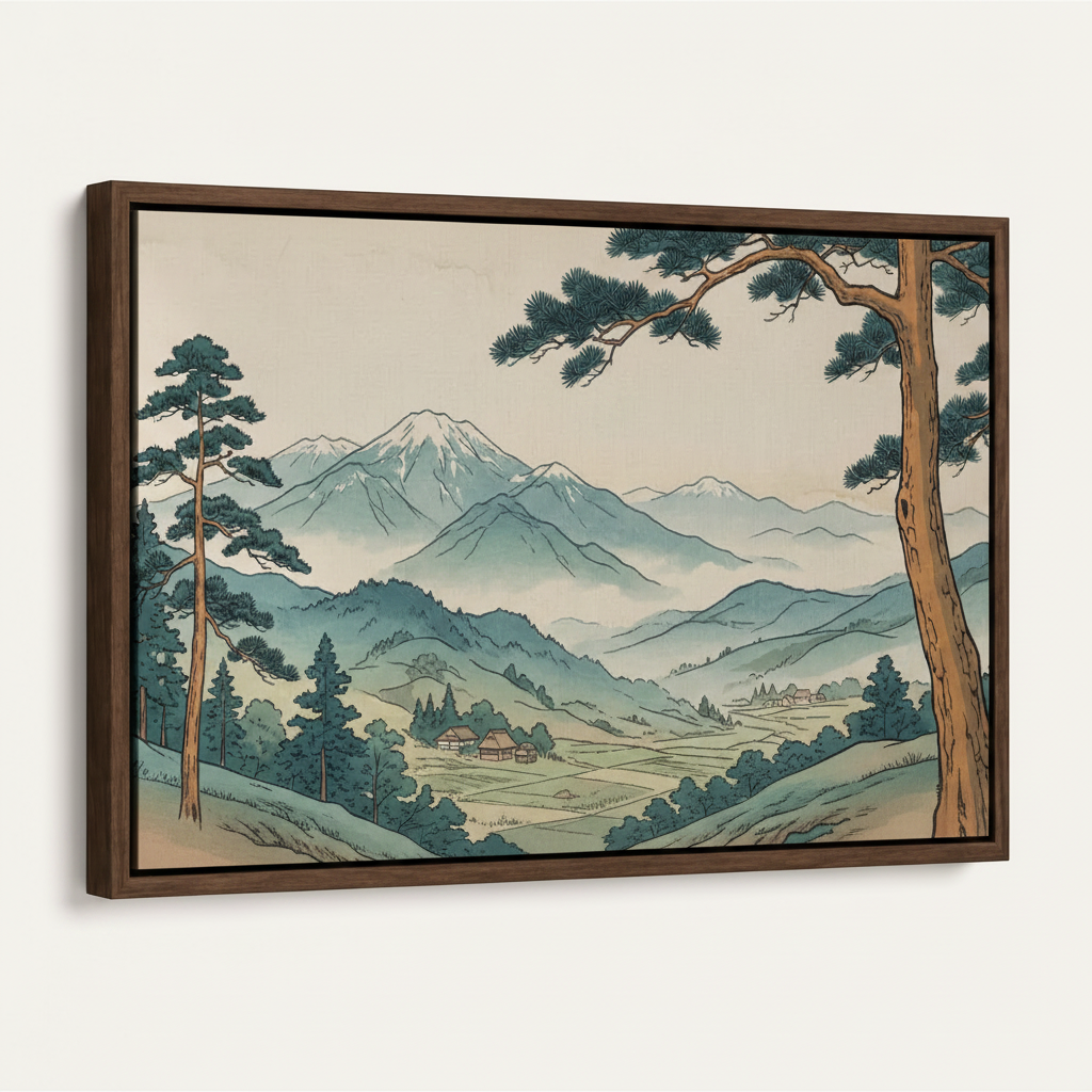 Framed canvas print of ukiyo-e mountain valley with pine trees, dark walnut float frame angled view