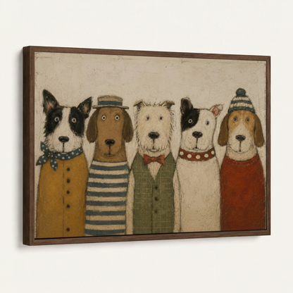 Framed canvas wall art featuring five vintage dressed dogs on a white background