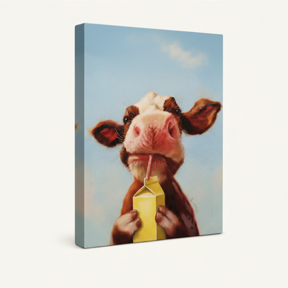 Funny cow milk carton canvas print no frame shown at left-facing angle with dark espresso sides on cream background