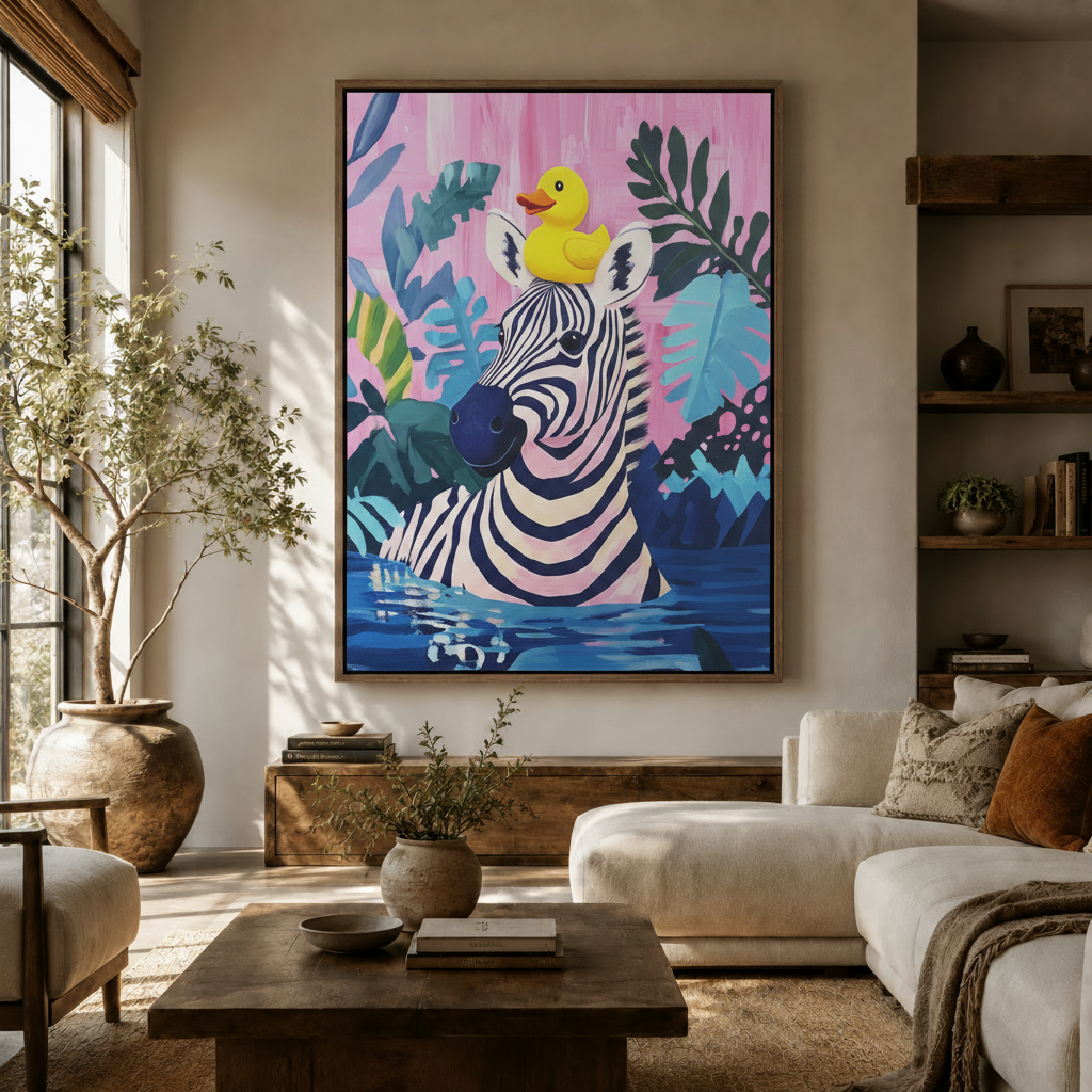 Bold tropical zebra canvas in dark frame hung in warm Japandi-style living room