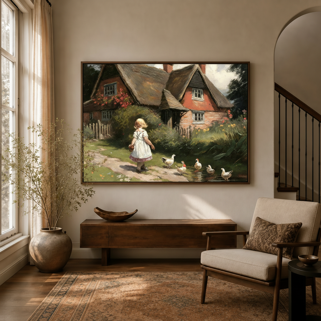 English cottage landscape impressionist canvas above console in warm golden entryway beside armchair