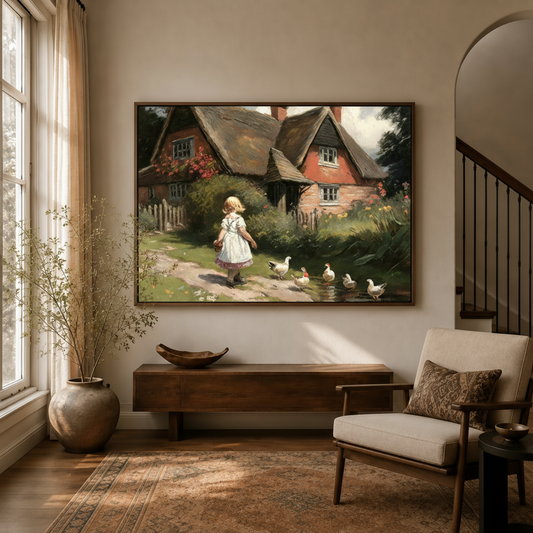 English cottage landscape impressionist canvas above console in warm golden entryway beside armchair