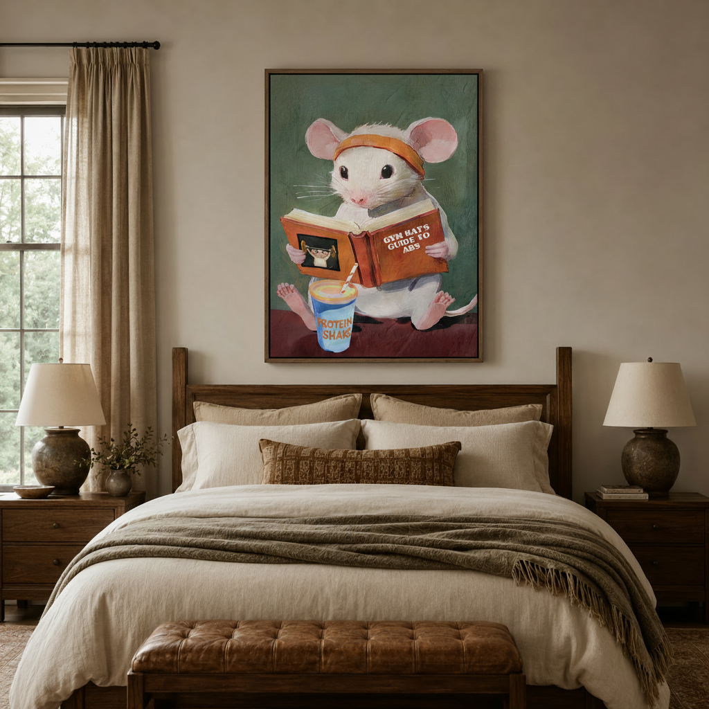 Gym rat mouse humorous fitness canvas wall art hanging above bed in cozy bedroom interior