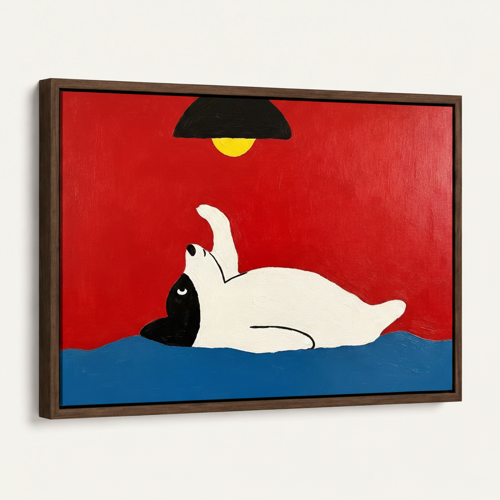 Dark walnut float-framed lazy dog minimalist canvas print, angled product view on white background