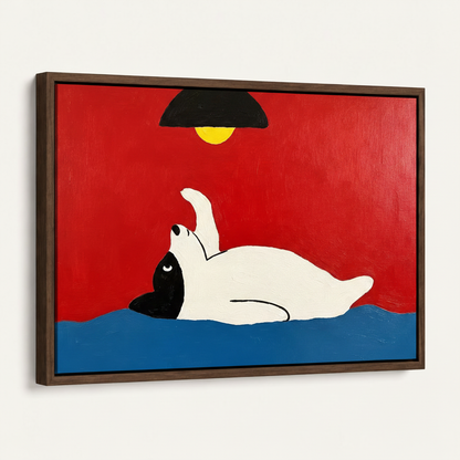 Dark walnut float-framed lazy dog minimalist canvas print, angled product view on white background