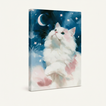 Gallery-wrapped canvas of dreamy white cat looking up at moon and stars floating on soft pink clouds