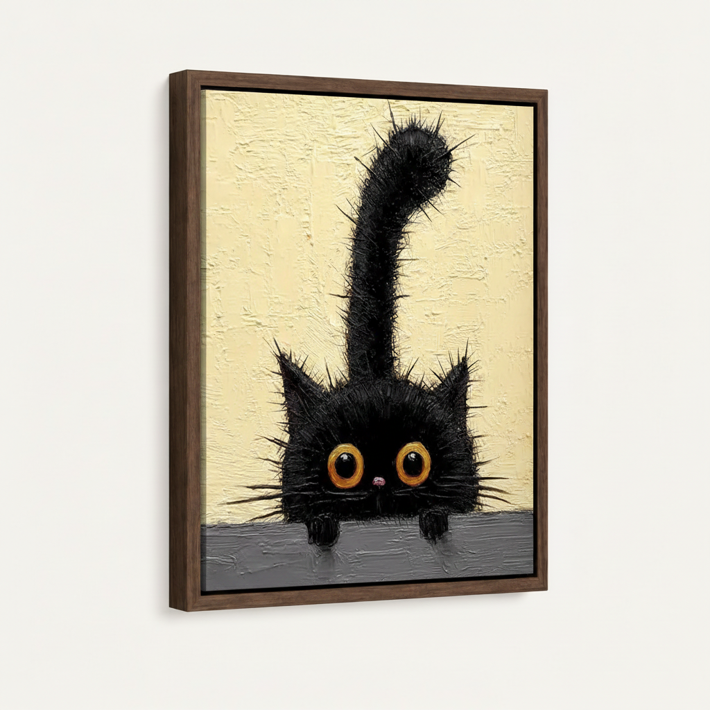 Framed canvas close-up of fluffy black cat with big amber eyes on cream textured background