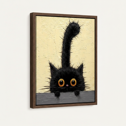 Framed canvas close-up of fluffy black cat with big amber eyes on cream textured background