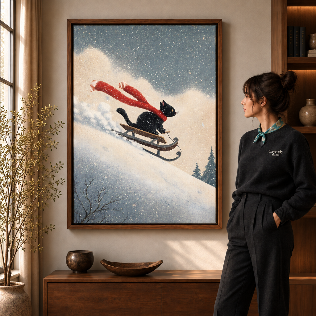 Walnut-framed black cat sledding art above a console beside a standing woman.