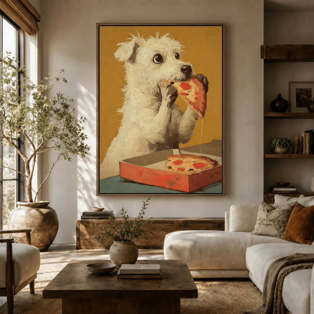 Bold golden-tone funny dog pizza canvas hanging above sideboard in warm neutral living room