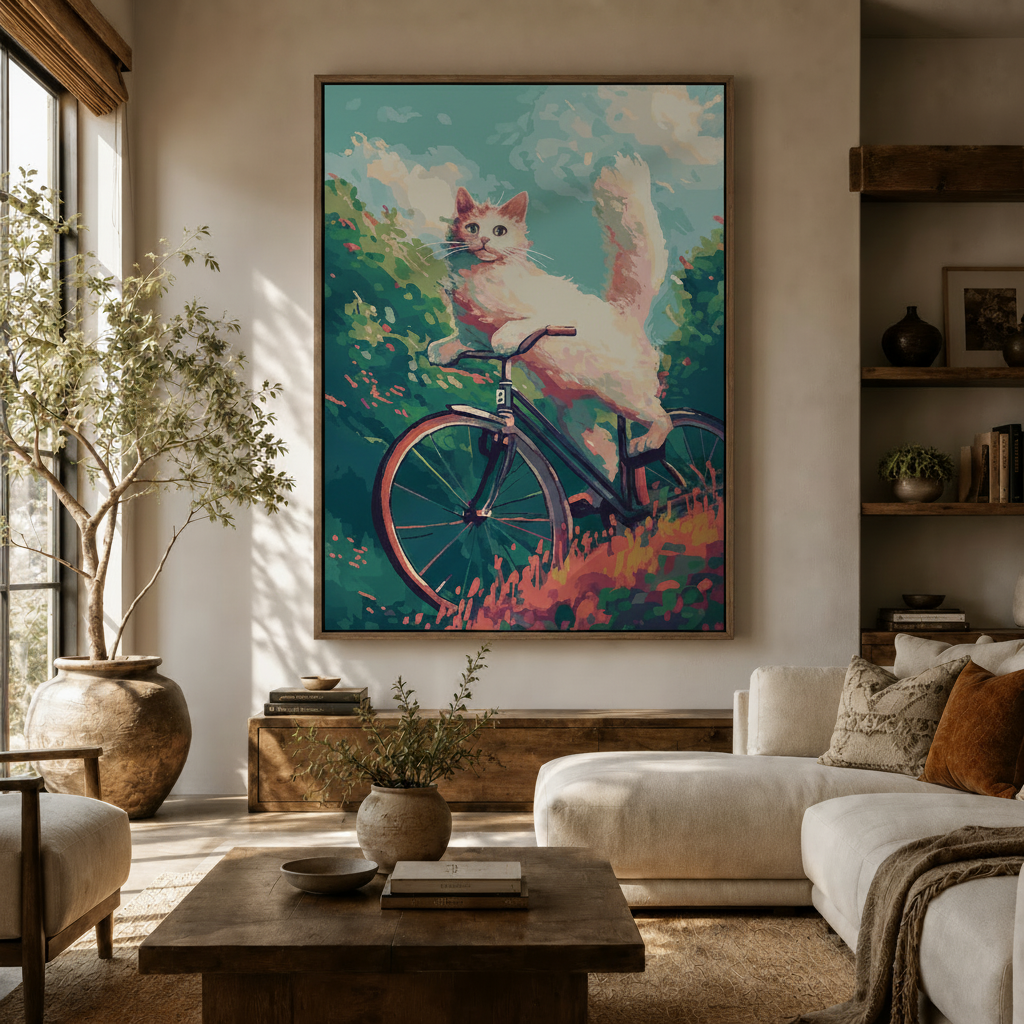 Playful cat on bicycle wall art displayed above sideboard in modern living room with olive tree and cream sofa