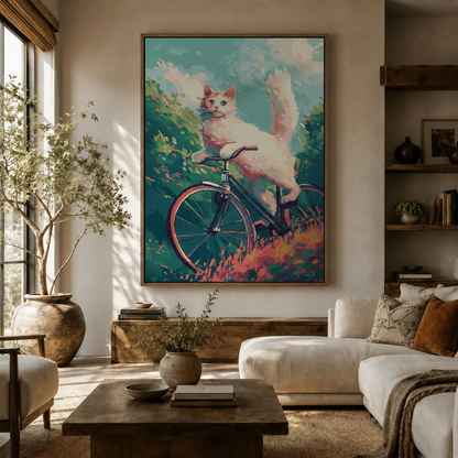Playful cat on bicycle wall art displayed above sideboard in modern living room with olive tree and cream sofa