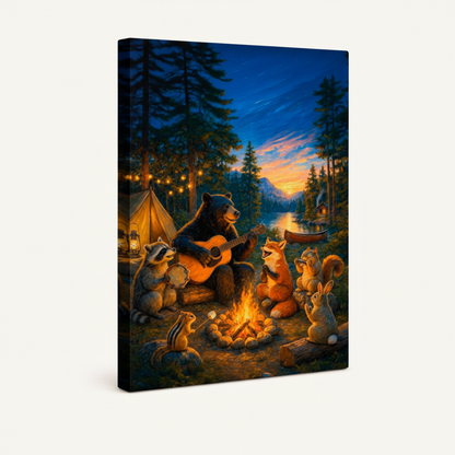 Gallery-wrapped forest animals campfire canvas shown at angle on clean white background