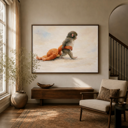 Baby monkey orange pajamas classical canvas art in warm entryway golden window light staircase console