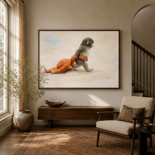 Baby monkey orange pajamas classical canvas art in warm entryway golden window light staircase console