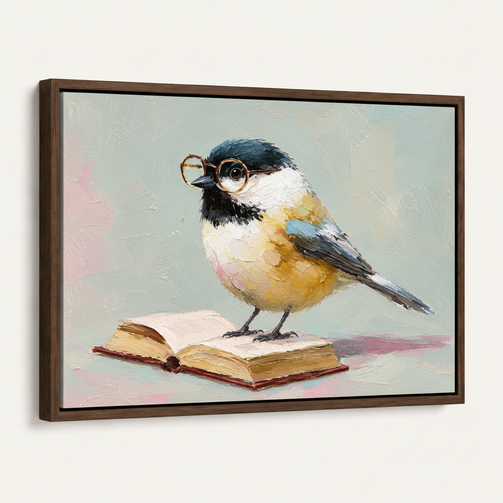 Angled view of bookish chickadee canvas print in a walnut floater frame
