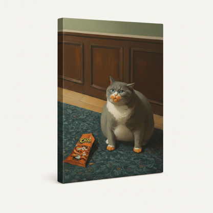 Gallery-wrapped guilty cat Cheetos canvas, angled product view showing thin dark side edge