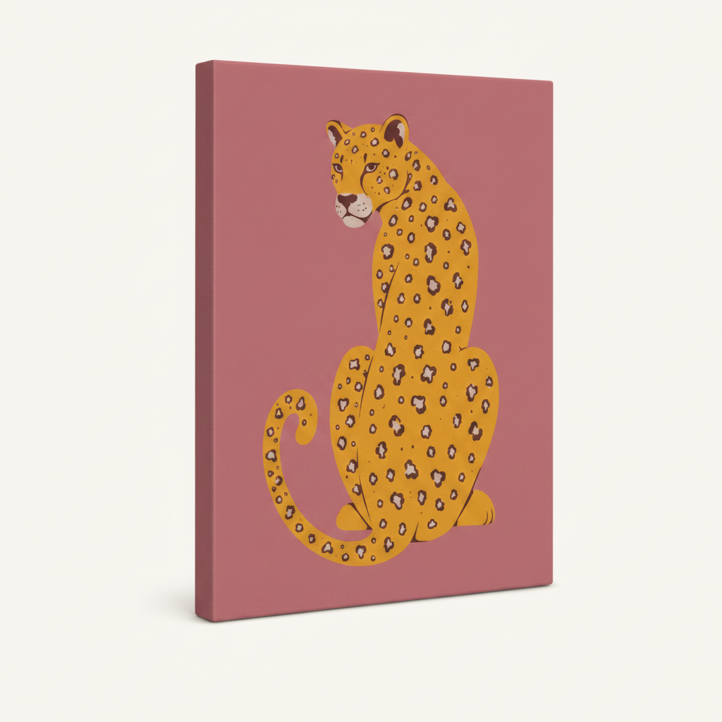 Gallery wrapped leopard canvas print, 3/4 angle view, visible side depth on cream background