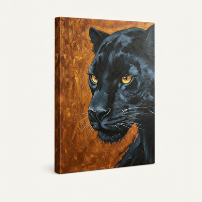 Gallery-wrapped black panther canvas print angled view showing warm copper wrapped sides and realistic oil painting detail