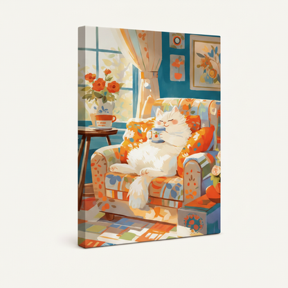 Gallery-wrapped cat coffee illustration canvas shown at angle on clean white background