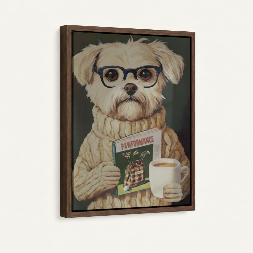 Dark walnut floating frame canvas of cream dog holding golf magazine and coffee, 3/4 angle view