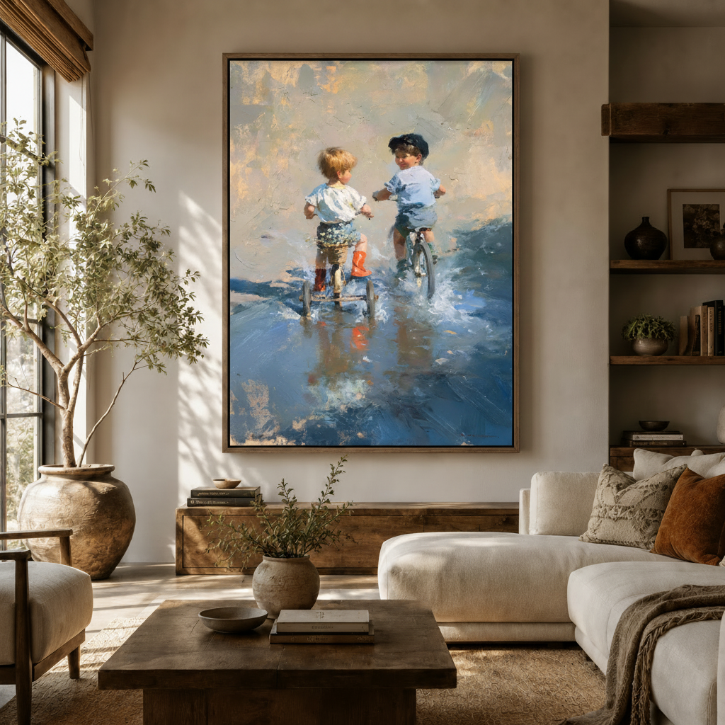 Childhood bicycle puddle impressionist canvas displayed above sideboard in warm modern living room