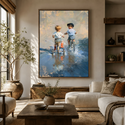 Childhood bicycle puddle impressionist canvas displayed above sideboard in warm modern living room