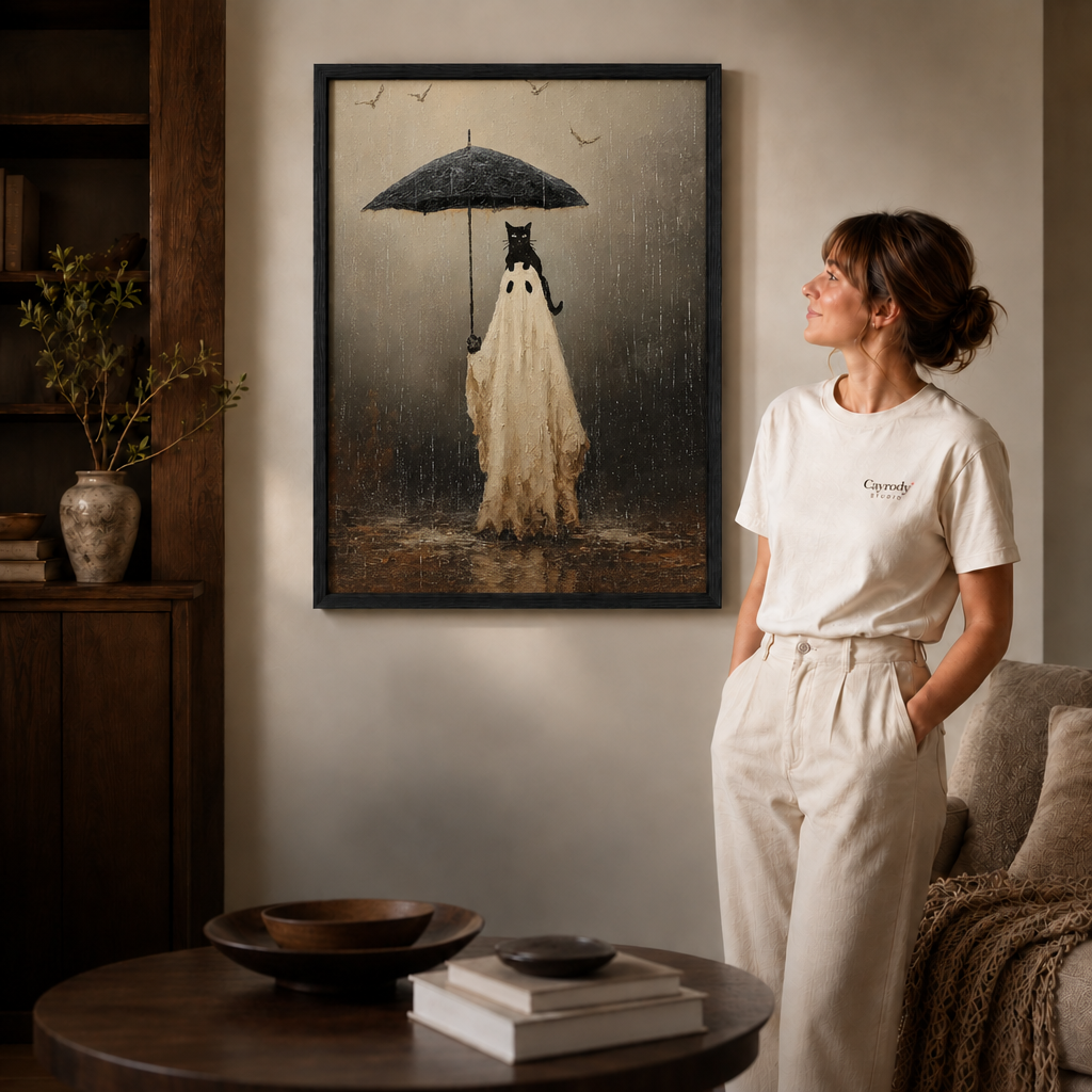 Black-framed ghost and black cat canvas wall art beside a woman in white and a dark round table.