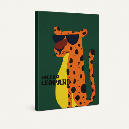 Gallery wrapped Hello Leopard graphic canvas print on forest green background in angled product view